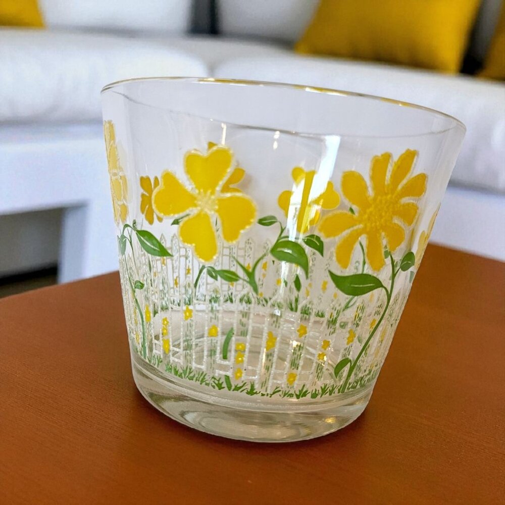 Culver Mod Yellow Flower Picket Fence Clear‎ Glass Ice Bowl Bucket MCM
